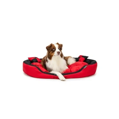 Abbildung von lionto Hundebett 4 in 1 mit Wendekissen aus robustem Oxford, 110x80 cm, Heimtierkissen Kratzfest tiefem Einstieg für Katzen und Hunde Aller Größen, wasserabweisend, rot/schwarz (Namensaufdruck)