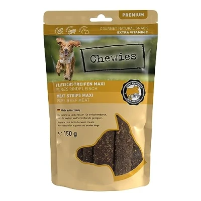 Abbildung von Chewies Fleischstreifen MAXI Hundeleckerli aus 100 % Rindfleisch 150 g luftgetrocknete Rinder Kaustreifen für Hunde zuckerfrei &amp; getreidefrei Dörrfleisch vom Rind
