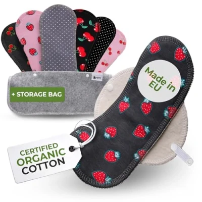 Abbildung von Öko Slipeinlagen waschbar aus Bio Baumwolle (Größe M, 7er Pack); kleine, dünne Damen &amp; Mädchen MADE IN EU; bei hoher T; 100% atmungsaktiv (kein PUL/TPU) für täglichen Ausfluss