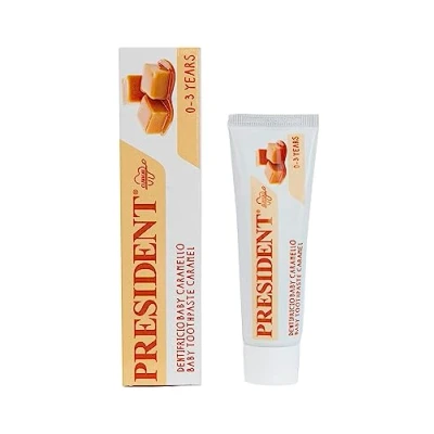 Abbildung von President Baby Zahnpasta für Kinder 0 3 Jahre. Geschmack Caramell, ohne Fluor, Parabene, SLS, Allergene und PEG, um die ersten Zähne gesund zu wachsen, vor Karies schützen RDA 20 30ml