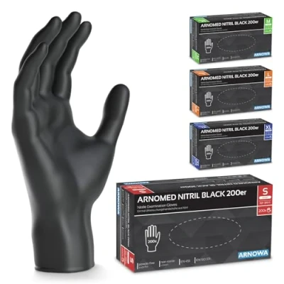 Abbildung von 400x ARNOMED Einweghandschuhe Schwarz, Einmalhandschuhe S, Nitrilhandschuhe (2x200 Stk), Handschuhe Einweg puderfrei, Gummihandschuhe Einweg, Nitril, in M, L &amp; XL