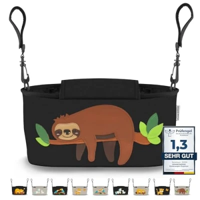 Abbildung von GRINSEZWERGE Kinderwagen Organizer 12 Motive mit Feuchttuchspender I Tasche Schultergurt Kinder Buggy Kinderwagentasche Aufbewahrungstasche Baby Stroller Bag schwarz Faultier