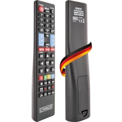 Abbildung von SCHWAIGER 715712 Universal Fernbedienung Ersatzfernbedienung Remote Control TV 49 Tasten Vorprogrammiert Anlernbar Smart für alle Fernseher