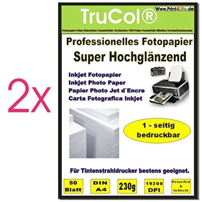 Abbildung von 100 Blatt Fotopapier DIN A4, 230g/qm, high Glossy (hoch glänzend) sofort trocken wasserfest hochweiß sehr hohe Farbbrillianz, für Inkjet Drucker (Tintenstrahldrucker).