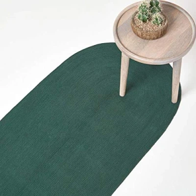 Abbildung von Homescapes ovaler Teppichläufer 66 x 200 cm, dunkelgrün, geflochtener Läufer aus Baumwolle, Wendeteppich, handgewebter Retro Teppich, grün
