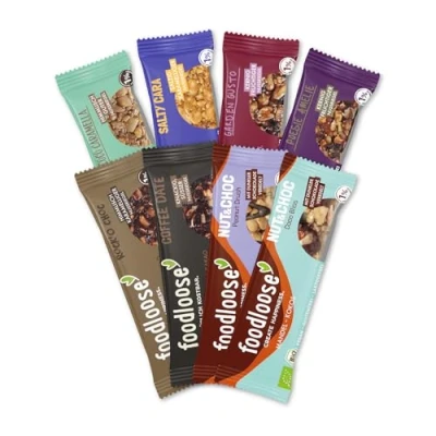 Abbildung von foodloose Bio Nussriegel Probierpaket Vegane, laktose und glutenfreie Riegel ohne raffinierten Zucker Mixpaket mit 8 unterschiedlichen Riegelsorten
