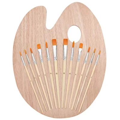 Abbildung von Kurtzy Pinsel Holz Pinselset mit Farbmischpalette (12 Pinsel), Mischpalette Pinsel)