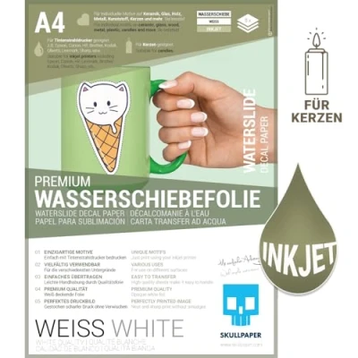 Abbildung von SKULLPAPER® Wasserschiebefolie WEISS für Tintenstrahldrucker hauchdünn DIY Decal Abziehbild Nassschiebefolie Keramik, Glas, Kerzen, Metall, Kunststoff, Modellbau (A4 8 Blatt)