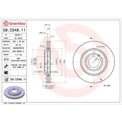 Abbildung von BREMBO 09.C548.11 Bremsscheibe 254 22 5 innenbelüftet beschichtet hochgekohlt mit Schrauben VOLKSWAGEN: Polo V Schrägheck
