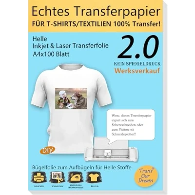 Abbildung von TransOurDream ECHTE Inkjet/Laser Transferfolie Transferpapier,A4X100 Blatt+10 Silikonpapier,Bedruckbare Bügelfolie für helle T Shirts/Textilien,transfer paper