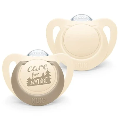 Abbildung von NUK for Nature Babyschnuller aus nachhaltigem Silikon kiefergerechte Form BPA frei 6 18 Monate beige 2 Stück