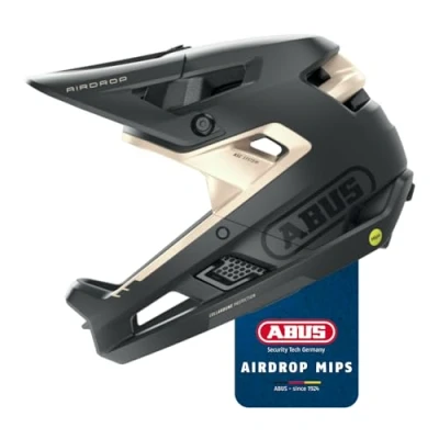 Abbildung von ABUS Fullface Helm AirDrop MIPS MTB: Downhill, Freeride und Enduro Mountainbike mit optimierter Belüftung Ambient Sound Channel für Erwachsene, Schwarz/Gold, Größe S/M
