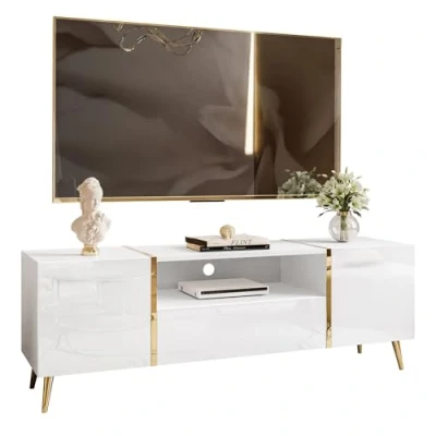 Abbildung von Lookway Lowboard ONYX TV Schrank auf goldenen Beinen Hochglanz 158 cm