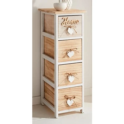 Abbildung von Dekoleidenschaft schmale Kommode „Home“, 26x30x77 cm, aus Holz mit 4 Schubladen und Schriftzug, Natur Telefontisch, Schubladenschrank, Flurkommode, Schubladenregal, Schubladenkommode, Schränkchen