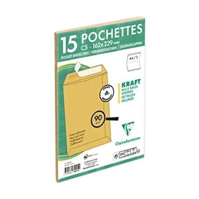 Abbildung von Clairefontaine 74215C Packung mit 15 Versandtaschen Rillen Kraftbraun C5 162x229 mm, selbstklebend, 90g, 1 Pack