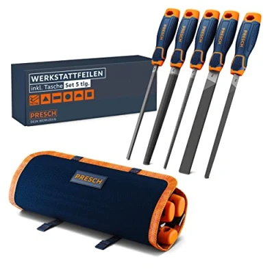 Abbildung von Presch Werkstattfeilen Set 5tlg. inkl Rolltasche Hochwertiges Metallfeilen mit Hieb 2 inkl. Flachstumpffeile, Halbrundfeile, Rundfeile, Dreikantfeile und Vierkantfeile Profi Feilenset Metall