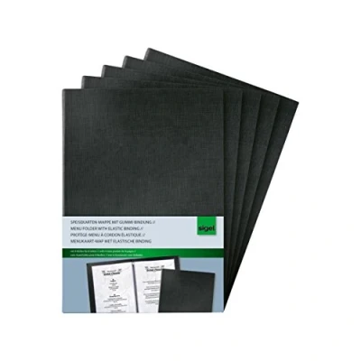 Abbildung von SIGEL SM115/5 Speisekarten Mappen / Präsentationsmappen mit Gummi Bindung für A5, 5 er Pack, schwarz edler Leinenstruktur, strapazierfähig und leicht abwischbar