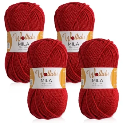 Abbildung von Wollidu Mila Garn zum Häkeln und Stricken 4 x 50g/133m Strickgarn 100% Polyacryl Häkelgarn Kirsche Rot