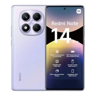 Abbildung von Xiaomi Redmi Note 14 Pro Smartphone, 8 + 256GB, Purple, 200MP professionelle AI Kamera, 5500mAh Akku, 32MP Selfie Funktionen (kein Ladegerät enthalten)