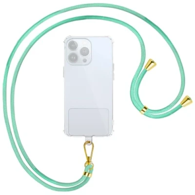 Abbildung von mtb more energy® Universal Handykette Clear Fresh Mint Metallteile Gold transparenter Patch kompatibel mit vielen Handyhüllen Zubehör Smartphone zum Umhängen