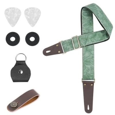 Abbildung von Czzmy Gitarrengurt, Verstellbarer Gitarren Gurt Gitarrenband Guitar Strap mit Lederenden Plektrum Knöpfe Gitarrenhals für E Gitarre Akustikgitarre Bass(1 Geschnitzt Hellgrün)