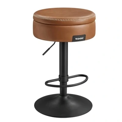 Abbildung von VASAGLE EKHO Kollektion 360 drehbarer Barhocker, 2er Set, höhenverstellbarer Barstuhl, mit Stauraum, Kunstleder, Nähte, Mid Century Modern Stil, Küche, Hausbar, einfache Montage, karamellbraun