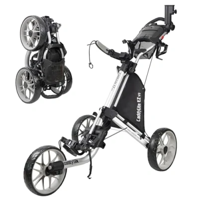 Abbildung von CaddyTek EZ Tour Quickfold Deluxe 3 Rad Golftrolley Golfcaddy komplett mit Kühltasche Modell 2020 (Silber grau)