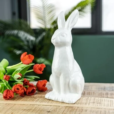 Abbildung von Keramik Osterdeko Hase sitzend 16 x 32cm weiß Dekofigur Oster Dekoration Tisch Deko Osterhase