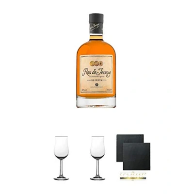 Abbildung von Ron De Jeremy Reserva Rum Panama 0,7 Liter + 2 Bugatti Nosing Gläser mit Eichstrich 2cl und 4cl Schiefer Glasuntersetzer eckig ca. 9,5 cm Ø