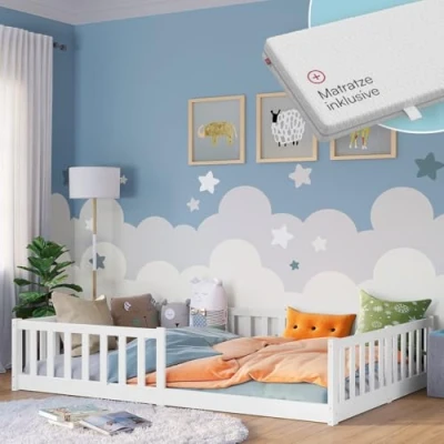 Abbildung von Bellabino Bodenbett Vere 140x200 mit Rausfallschutz und Rolllattenrost, Montessori Kinderbett für Jungen &amp; Mädchen, Kinder Bett aus Kiefernholz Kinderzimmer, in Weiß Matratze