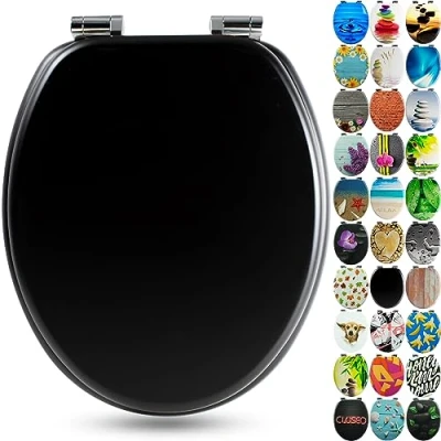 Abbildung von SANFINO® Premium WC Sitz mit Absenkautomatik hochwertige Toilettendeckel aus Holz, viele bunte Motive, hoher Sitzkomfort, einfache Montage inklusive Montageanleitung &quot;All Black&quot;