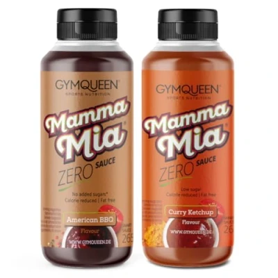 Abbildung von GymQueen Mamma Mia Zero Sauce 2x265ml, American BBQ &amp; Curry Ketchup, kalorienreduziert, ohne Fett Zuckerzusatz, zum Verfeinern von Gerichten oder als Salat Dressing