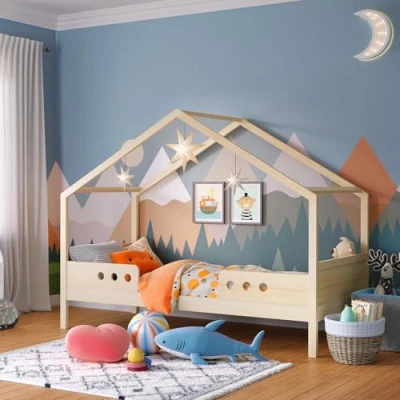 Abbildung von Bellabino Hausbett Bela (Kinderbett 90x200 cm, natur unbehandelt), inkl. Rausfallschutz und Lattenrost, aus Kiefer Massivholz