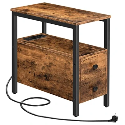 Abbildung von HOOBRO Beistelltisch mit Ladestation, Sofatisch 2 Schubladen und USB Anschluss Steckdose, Nachttisch für kleine Räume, Stabil Robust, Wohnzimmer, Schlafzimmer, Dunkelbraun EBF542BZ01