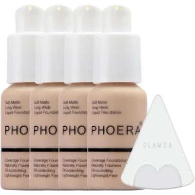 Abbildung von Glamza Phoera Foundation Make up Set mit vollständiger Abdeckung, 24 Stunden lang anhaltende Ölkontrolle, weich, glatt, Concealer Creme, 4 Stück 30 ml &amp; Silikon Mixer Schwamm (102 Nude)