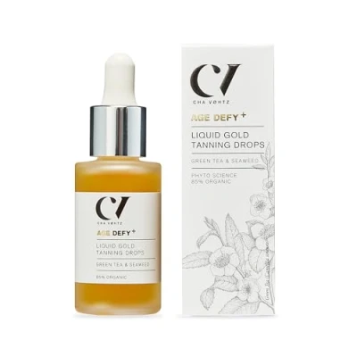 Abbildung von Age Defy+ Liquid Gold Bräunungstropfen 30 ml Anti Aging Selbstbräuner von Cha Vøhtz Selbstbräunungstropfen für Gesicht und Körper Bräune selbst anpassen Parabenfrei Tierversuchsfrei, vegan