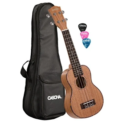 Abbildung von Cascha Sopran Ukulele Set Kinder Erwachsene I Starter Kit 3 farbige Plektren Tasche Konzertbag Premium Mahagoni Kleine Hawaii Gitarre für Anfänger Fortgeschrittene