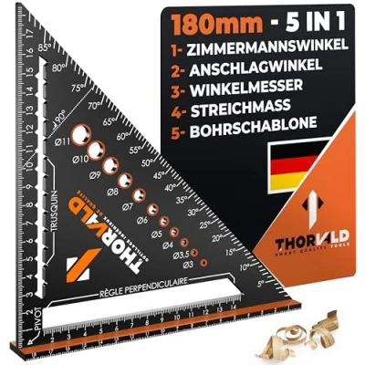 Abbildung von THORVALD 5 in 1 Zimmermannswinkel Winkelmesser Anschlagwinkel Aluminiumwinkel mit 180 mm Schenkellänge zum präzisen Anreißen &amp; Zeichnen/Multifunktional Weihnachtsgeschenke für männer