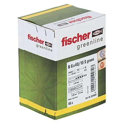 Abbildung von Fischer 524845, Schrauben &amp; Dübelsatz, Autoklaven Porenbeton, Mauerziegel, Beton, Gipsblock, Kunststoff, Grün, Verzinkter Stahl, Pozidriv