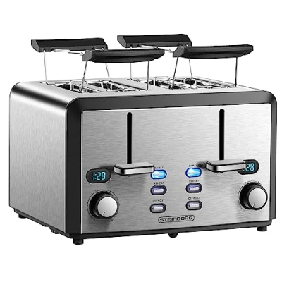 Abbildung von STEINBORG Toaster SB 2210, 4 kurze Schlitze, für Scheiben, Edelstahl Gehäuse,Brötchenaufsatz,Krümelschublade,LED Display