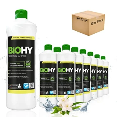 Abbildung von BiOHY Teppichshampoo (12 x 1 Liter) Teppichreiniger Konzentrat ideal gegen hartnäckige Flecken materialschonend &amp; tierfreundlich effektives Bio Mittel kraftvoller Teppich Schaum