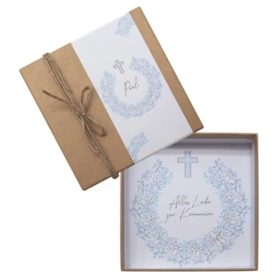 Abbildung von Geldgeschenk Verpackung Personalisiertes Geschenk Kommunion Konfirmation Taufe Junge Blau