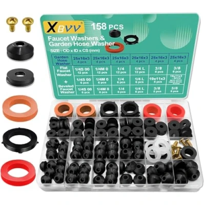 Abbildung von XBVV 158 Pcs Wasserhahn Gummi Unterlegscheiben und Gartenschlauch Dichtung Sortiment Kit für verschiedene Outdoor Hähne Stem Worn Garten Dusche Schlauch Reparatur