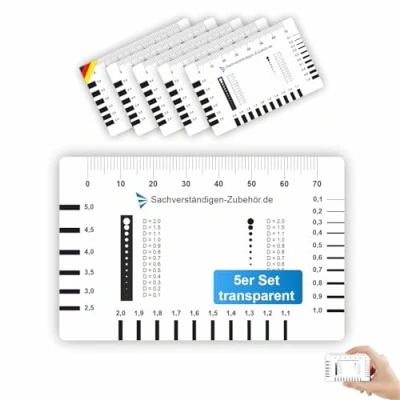 Abbildung von Sachverständigen Zubehör® Rissmonitor als [transparente Risskarte] 5er Set Messlehre Spaltmaß Risslineal Rissbreitenmesser Rissbreitenlineal Risskarte Sachverständiger