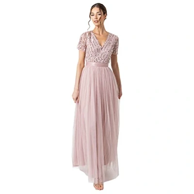 Abbildung von Maya Deluxe Damen Ballkleid Abendkleid V ausschnitt Maxi Länge Pailletten Kurze Ärmel Für Hochzeit Geburtstag Brautjungfer Bridesmaid Dress, Frosted Pink, 56 EU