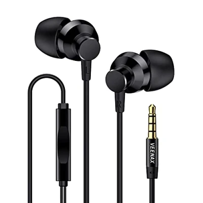 Abbildung von VEENAX M2 Kopfhörer In Ear, Wired Ohrhörer mit Mikrofon und Bass, Tangle Free Kabel Earphones, Stereo Earbud Headphones für Handy Smartphone Computer Laptop Tablet MP3, 3,5 mm Klinke, Schwarz