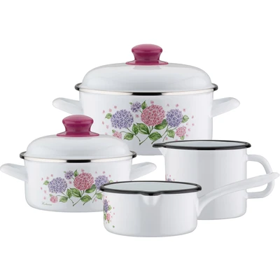 Abbildung von GSW Topf Set &quot;Hortensie&quot;, Stahl Emaille, (Set, 6 tlg., je 1x Kochtopf Ø 16/20 cm, Stielkasserolle 16 Milchtopf 12 cm), Induktion