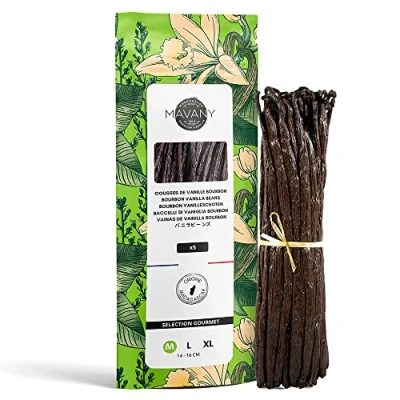 Abbildung von Mavany 5 x Vanillezehen Bourbon de Madagascar Auswahl in Gourmet Qualität zum Backen/Kochen Größe M 14 bis 16 cm wiederverschließbarer Frischebeutel