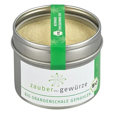 Abbildung von Zauber der Gewürze Orangenschale Bio, Orangenschalen in Bio Qualität getrocknet &amp; gemahlen, Pulver, unbehandelt und ohne Zusätze, Top wiederverschließbarer Aroma Dose, 35 g