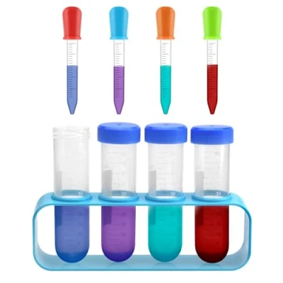 Abbildung von DAWRIS Pipette Kinder 9 Stücks Plastik Pipetten 5 ML Reagenzgläser mit Ständer Set Tropfpipetten und Reagenzglasständer für kreative Labor Experimente